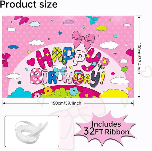 3x5ft Cartoon Bow Birthday Backdrop, Happy Birthday Decoration Background, Cute Pink Theme Party Supplies Outdoor Indoor Photo Banner