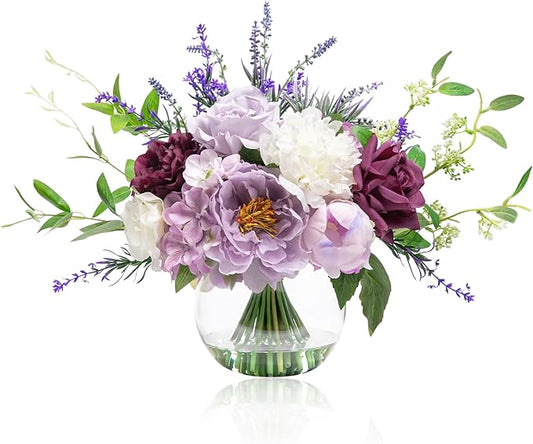 Artificial Flowers in Vase for Home Decor, Fake Lavender & Silk Peony Flower Bouquet Centerpieces in Glass Vase with Fake Water for Party Wedding Dinning Table Office Hotel Decor (Lavender Mixed Plus)