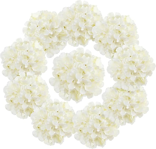 Fake White Hydrangea Artificial Flowers - Faux Silk Hydrangeas Flowers Heads with Stems Real Touch for Home Wedding Party Table Decor(CreamWhite,Pack of 10)