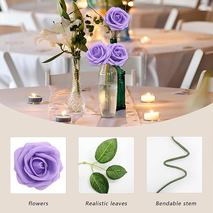 200PCS Purple Artificial Flowers Roses Real Looking Foam Fake Roses with Leaves for DIY Wedding Bouquets Bridal Shower Party Decorations (Purple, 200)