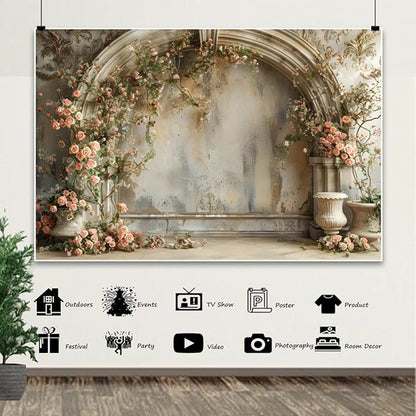 12x8ft Pink Flowers Backdrop Vintage Old Building Wall Spring Roses Floral Photography Bckground for Wedding Birthday Bridal Shower Mothers Day Womens Day Girls Women Mother-to-be Portrait