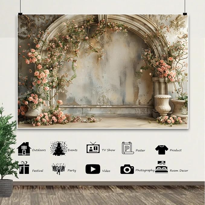 10x6.5ft Vintage Roses Backdrops for Photography European Old Building Wall Spring Pink Floral Background for Wedding Womens Day Birthday Mothers Day Bridal Shower Valentines Day Newborn