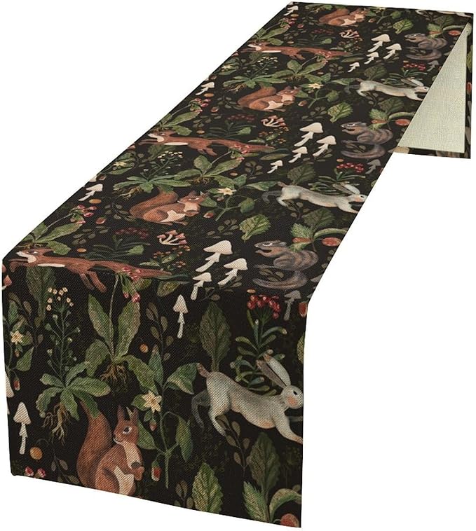 Rustic Woodland Table Runner, Rustic Forest Wild Animals Bunny Rabbit Squirrel Mushroom Plants Table Runner for Holiday Farmhouse Kitchen Dining Table Decor, 13x36inch