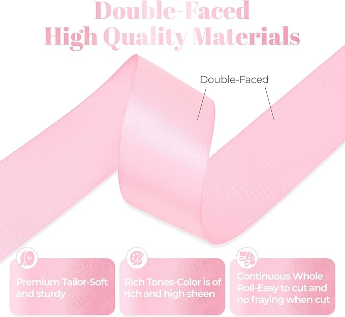 Pink Satin Ribbon, Double Faced 1-1/2 Inch X 25 Yards Pink Ribbon, Premium Satin Ribbon for Gift Wrapping, Crafts, Hair Bow Making, Sewing, Flower Bouquet, Wedding Party Decor