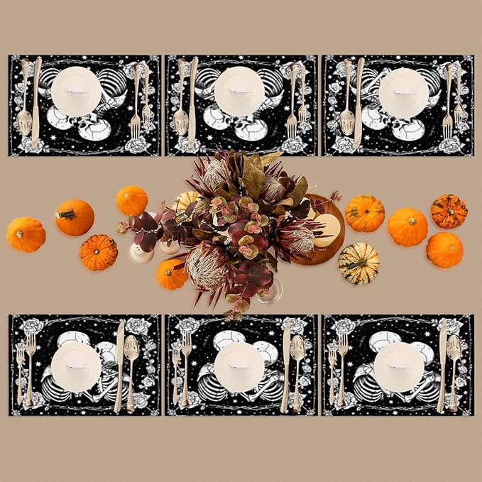 Halloween Skull Goth Flower Placemats Set of 6 PVC Vinyl Non Slip Table Mats Heat Resistant Place Mats Washable Wipeable Dining Table Mat for Kitchen Decor Party Indoor Outdoor Decorative Gift