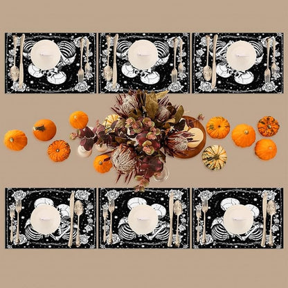 Halloween Skull Goth Flower Placemats Set of 4 PVC Vinyl Non Slip Table Mats Heat Resistant Place Mats Washable Wipeable Dining Table Mat for Kitchen Decor Party Indoor Outdoor Decorative Gift