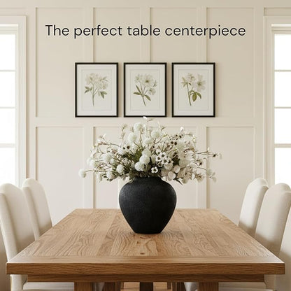 Black Large Round Vase Pottery Look for Home Decor, Arina Black Rustic Vase Modern Farmhouse, Console Table Decor, Earthy Textured Big Black Round Vases for Centerpieces, Jarrones Grandes