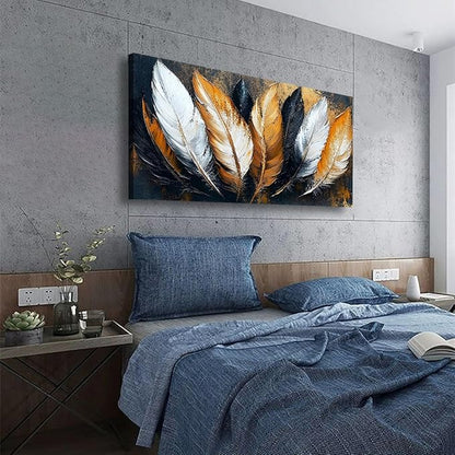 Abstraction Pictures Canvas Wall Art for Living room Office Bedroom Wall Decor,Feather Wall Art Print Paintings Modern Autumn White Yellow Feather Artwork Waterproof Ready to Hang-20x40inch