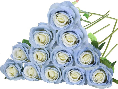 Felice Arts 12 Pack Ice Blue Artificial Flowers with Stems Silk Roses Fake Flowers Bouquet for Wedding Centerpiece Table Vase Home Kitchen Party DIY Decor