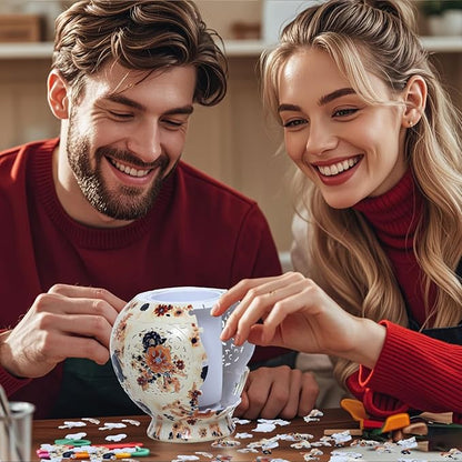 3D Puzzle Vase for Adults, 200 Curved Pieces DIY LED Vase, Unique Craft Kit for Home Decoration, Creative Hobby Gift for Women, Ideal Housewarming & Birthday Gifts (Vintage Floral Cream)