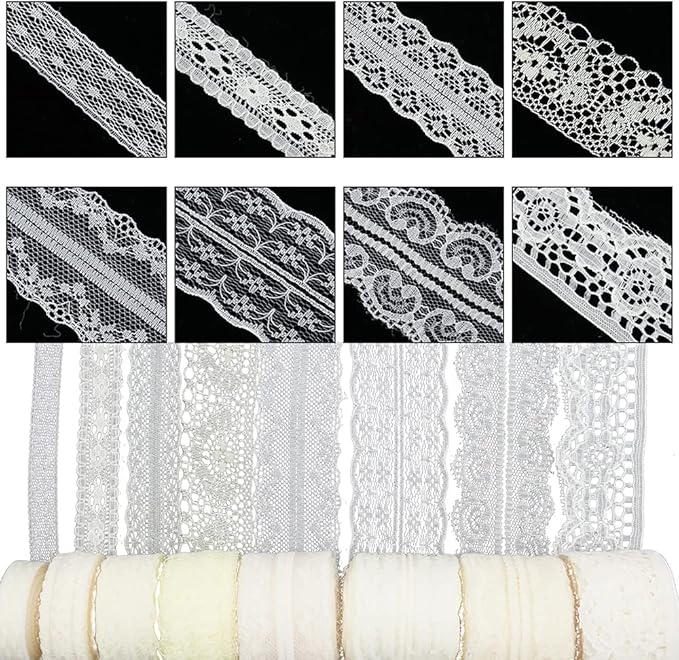 80 Yards Cream Lace Trim Ribbon,8 Rolls Crochet Sewing Assorted Patterns Vintage Floral Lace Ribbons for Sewing DIY,Gift Wrap,Scrapbooking, Bridal Shower Wedding Decor, 10 Yards Each Roll