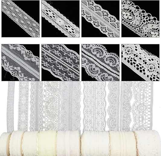 80 Yards Cream Lace Trim Ribbon,8 Rolls Crochet Sewing Assorted Patterns Vintage Floral Lace Ribbons for Sewing DIY,Gift Wrap,Scrapbooking, Bridal Shower Wedding Decor, 10 Yards Each Roll