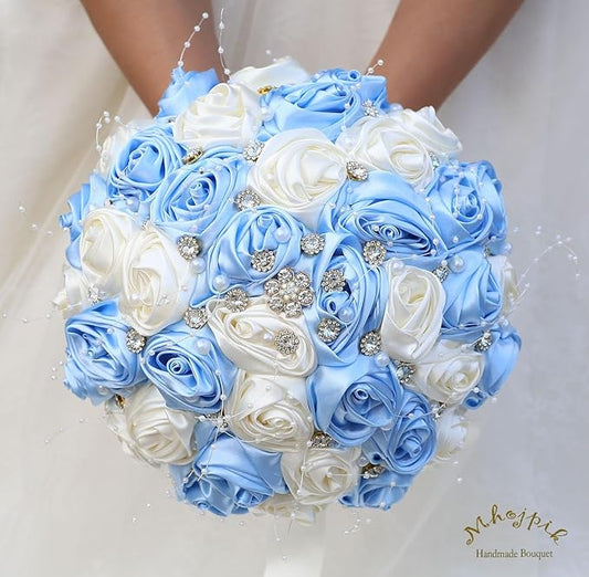 Bridal Wedding Bouquet Round Bling Brooch Bouquet Throw Toss Artificial Rose Flower Bunch for Bride Bridesmaid Wedding Quinceanera(Light Blue & Ivory, 7.5")
