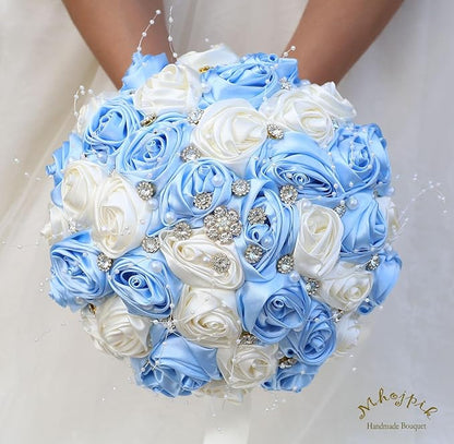 Bridal Wedding Bouquet Round Bling Brooch Bouquet Throw Toss Artificial Rose Flower Bunch for Bride Bridesmaid Wedding Quinceanera(Light Blue & Ivory, 6.3")