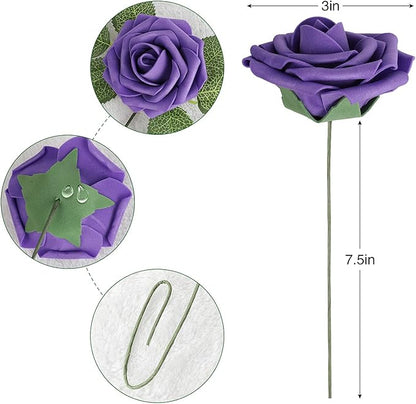 AmyHomie Artificial Flower Seriesc Purple Rose 25pcs Real Looking Fake Roses w/Stem for DIY Wedding Bouquets Centerpieces Arrangements Party Baby Shower Valentines Day Christmas Tree Decorations