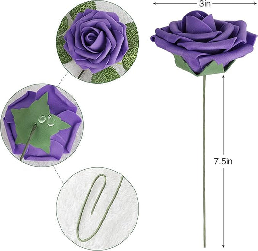 AmyHomie Artificial Flower Seriesc Purple Rose 25pcs Real Looking Fake Roses w/Stem for DIY Wedding Bouquets Centerpieces Arrangements Party Baby Shower Valentines Day Christmas Tree Decorations