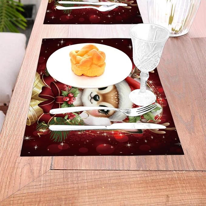 PVC Placemats Set of 6 Wipeable Table Mats Washable Heat Resistant Non Slip Vinyl Dining Table Mat for Kitchen Indoor Outdoor Patio Farmhouse Place Mats Red Christmas Bell Deer Decorative