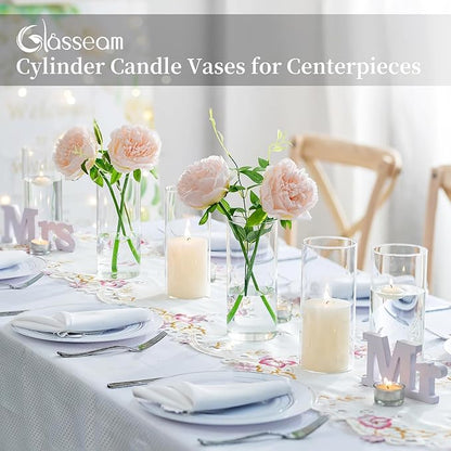 Glasseam Clear Cylinder Vase Set of 6, Modern Glass Vases for Centerpieces, Floating Candle Vases for Decor, Decorative Hurricane Candle Holders for Pillar Candles Wedding Table Decorations, 8in