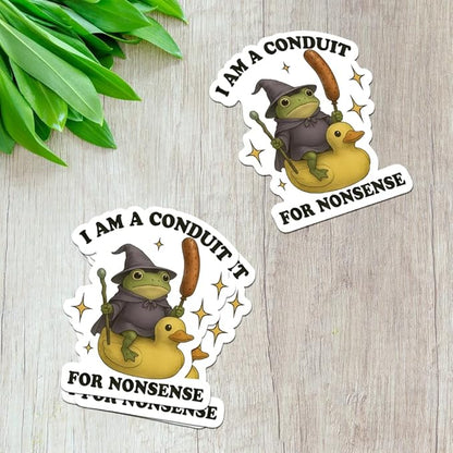 HANDICHI Design 5-Pack 6 Inch Funny Frog Stickers – “I Am a Conduit for Nonsense” Wizard Frog Vinyl Decals – Quirky Meme Sticker Pack for Laptops, Water Bottles, Journals and Scrapbooks