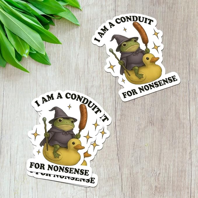 HANDICHI Design 5-Pack 5 Inch Funny Frog Stickers – “I Am a Conduit for Nonsense” Wizard Frog Vinyl Decals – Quirky Meme Sticker Pack for Laptops, Water Bottles, Journals and Scrapbooks