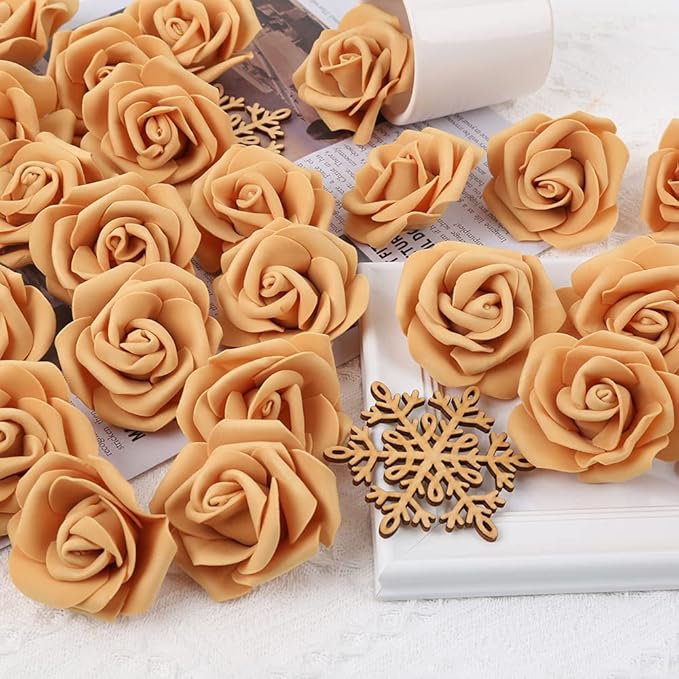 IPOPU Artificial Rose Flower Heads, 100 Pcs Real Looking Gold Yellow Foam Fake Roses for DIY Wedding Baby Shower Centerpieces Arrangements Party Tables Home Decorations (Gold Yellow, Stemless)