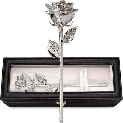 Forever Rose Real Rose Dipped in Platinum, Handcrafted Preserved Rose in Luxury Leather Display Case with LED Light, Romantic Gift for Her, Elegant Keepsake for Anniversary, Birthday, or Any Occasion