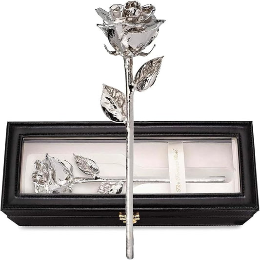 Forever Rose Real Rose Dipped in Platinum, Handcrafted Preserved Rose in Luxury Leather Display Case with LED Light, Romantic Gift for Her, Elegant Keepsake for Anniversary, Birthday, or Any Occasion