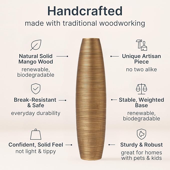 Leewadee Large Gold Home Decor Floor Vase - Wooden 34 inch Tall Farmhouse Decor Flower Holder for Fake Plant and Pampas Grass