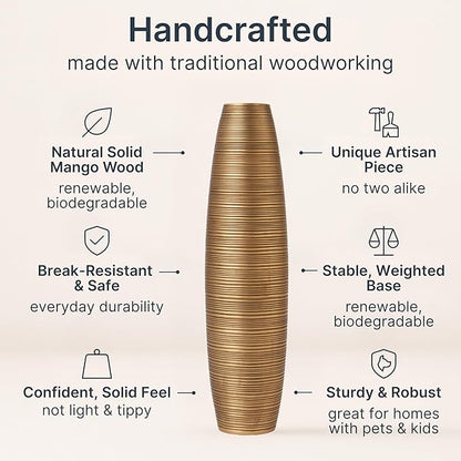 Leewadee Large Gold Home Decor Floor Vase - Wooden 34 inch Tall Farmhouse Decor Flower Holder for Fake Plant and Pampas Grass