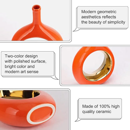 Orange and Gold Vase Ceramic Orange Vases Home Decor,Modern Minimalist Circle with Hole Decorative Vase, Hollow Ellipse Flower vases for Bookshelf, Fireplace Mantle,Centerpieces,Farmhouse,Rustic Décor