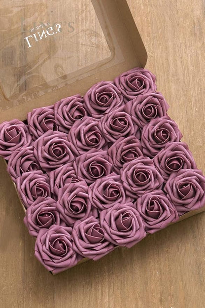 Ling's moment Artificial Flowers 50Pcs Mauve Roses Decor w/Stems,3" Real Touch DIY Foam Floral for Wedding Bouquet/Centerpieces, Outdoors Party Backdrop, Room/Table, and Garden/Pot Decorations