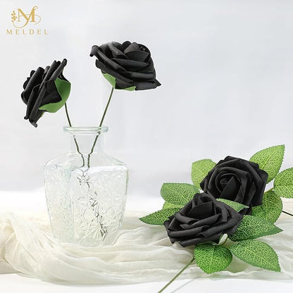 Meldel Artificial Flower 50pcs Real Touch Black Rose Fake Foam Roses with Stems for DIY Wedding Bouquets Gifts Bulk Crafts Faux Floral Centerpieces Arrangements Party Tables Home Halloween Decorations