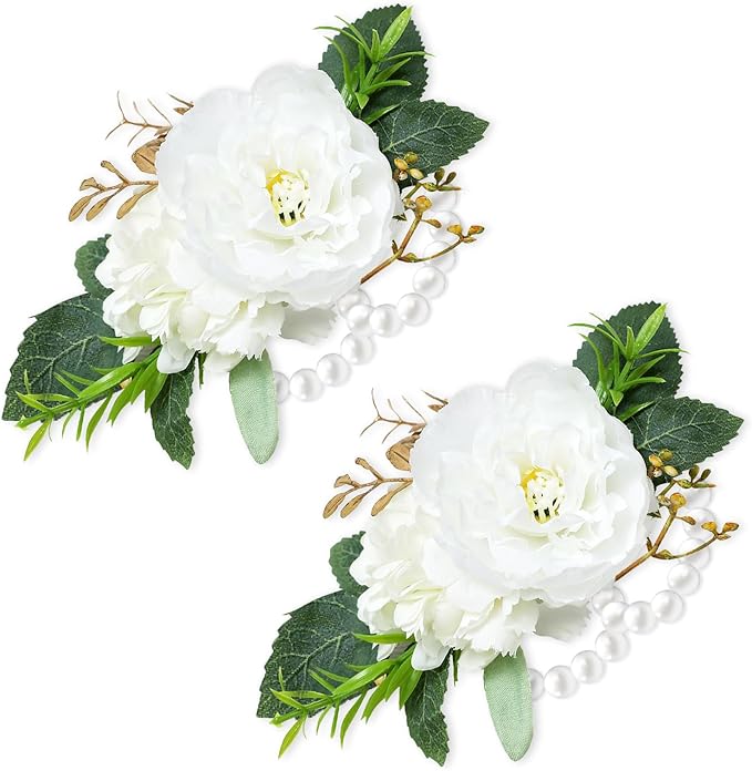 Corsage Wristlet Band Artificial Rose Flowers - 2 Pack Wedding Bridal Flower Corsage Hand Decor