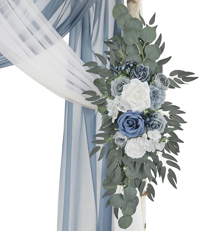 Ting's time Wedding Arch Flowers with Drape Kit (Pack of 4),2pcs Dusty Blue Floral Swags Arrangement and 2pcs Drapes Fabric for Wedding Ceremony and Reception Backdrop Decoration