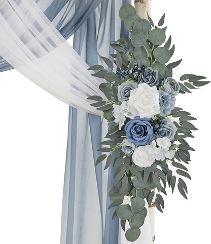 Ting's time Wedding Arch Flowers with Drape Kit (Pack of 4),2pcs Dusty Blue Floral Swags Arrangement and 2pcs Drapes Fabric for Wedding Ceremony and Reception Backdrop Decoration