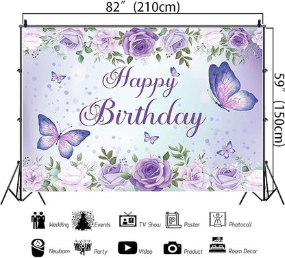 7x5Ft Butterfly Happy Birthday Backdrop Purple Butterfly Backdrop Rose Flowers Decorations Girls Birthday Party Backdground Decoration Cake Table Banner Happy Birthday Photography Background