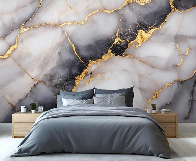 Golden Veins Marble Wall Mural, Black and White Marble 3D Wall Murals, Luxury Stone Wallpaper Mural, for Living Room Bedroom Large Wallpaper Indoor Decor 59" W x39.4 H