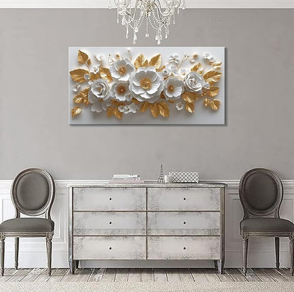 IDAFU Flower Wall Art White Foral and Golden Leaves Wall-décor White Wall Art Floral Painting Pictures for Living Room Bathroom Bedroom Kitchen Office Cuadros Decorativos Para Sala Decor 58L x28W