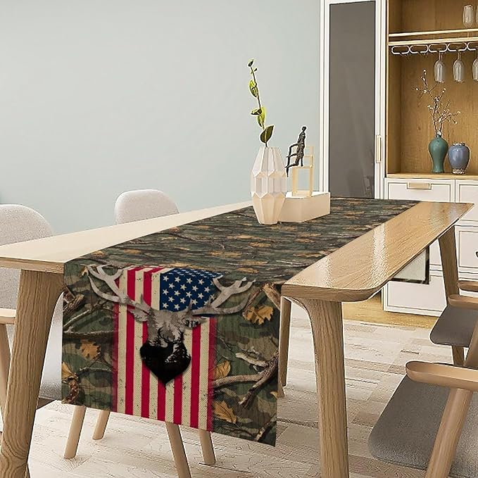 Rustic Forest Table Runner, Farmhouse Deer Retro Fall Leaves Wooden Branch Wild Seasonal Harvest Coffee Table Center Decor for Home Kitchen Dining Patio Holiday Party Table Decorations 13x90 inches