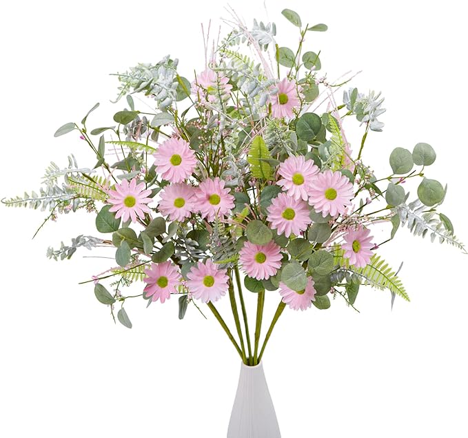 Artificial Pink Daisy Floral Stem with Eucalyptus and Greenery - 30 Inch 6 Bundles Faux Flower for Spring Summer Realistic Silk Flowers for Home Wedding Decor