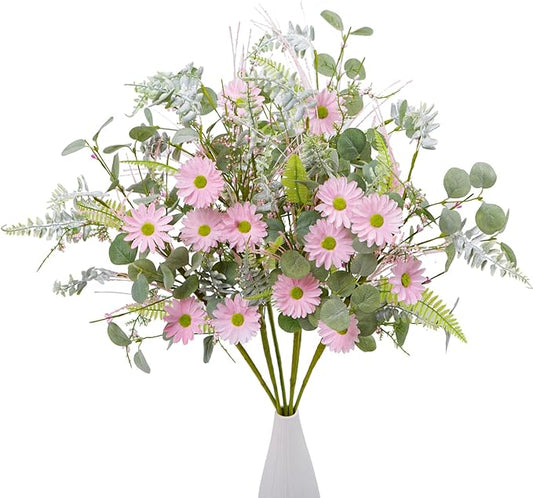 Artificial Pink Daisy Floral Stem with Eucalyptus and Greenery - 30 Inch 6 Bundles Faux Flower for Spring Summer Realistic Silk Flowers for Home Wedding Decor