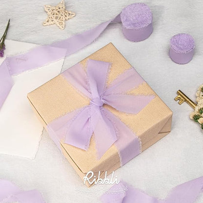 Ribbli Lavender Chiffon Silk Ribbon, 1-1/2 inch x 20 Yard, Handmade Fringe, Light Purple for Wedding Invitations, Bridal Bouquets, Flower Arrangement Decoration