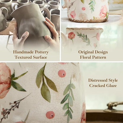 Vintage Fruit and Floral Ceramic Vase with Handle, Retro Ice Glazed Crack Farmhouse Pitcher Vase for Home Decor, Living Room, Shelf, Office, Rustic Table Centerpiece 7 Inch