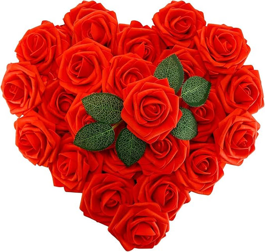 [25PCS] Red Roses Artificial Flowers with Long Stem Real Touch Fake Foam Roses for Decoration DIY Wedding Bouquets Centerpieces Bridal Shower Mothers Day Party Flower Arrangements Home Decor
