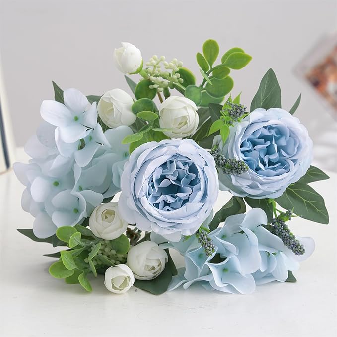 2 Bunches Artificial Peonies Flowers Silk Blue Peonies Fake Hydrangea Flowers Arrangements Table Centerpiece Faux Flores for Bridal Wedding Home Decor (2, Blue White)