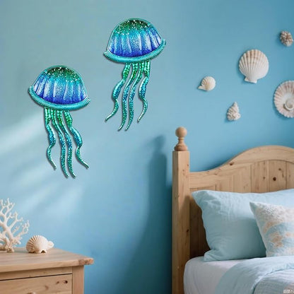 LIFFY Metal Jellyfish Wall Decor - Ocean Tropical Fish Wall Art - Glass Metal Fish Wall Decor for Pool, Beach, Bathroom, Living Room, Bedroom - 15inch, 2Pcs