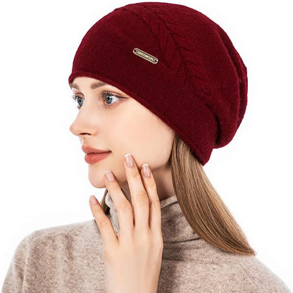 QUEENFUR Knit Slouchy Beanie Hats for Women Cashmere Ski Cap Knitted Wool Soft Warm Winter Hat