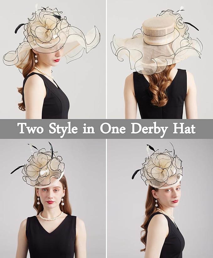 Organza Derby Hats for Women Wide Brim Fascinator Hat Rose Flower Wedding Tea Party Hat