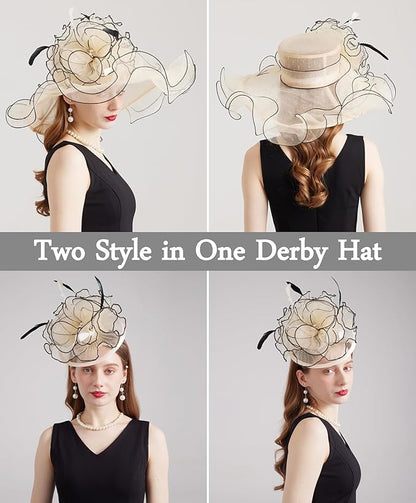 Organza Derby Hats for Women Wide Brim Fascinator Hat Rose Flower Wedding Tea Party Hat