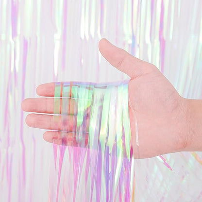 2 Pack Iridescent Transparent Foil Fringe Backdrop Curtains, Tinsel Streamers Birthday Party Decorations, Fringe Backdrop for Graduation, Baby Shower, Gender Reveal, Disco Party
